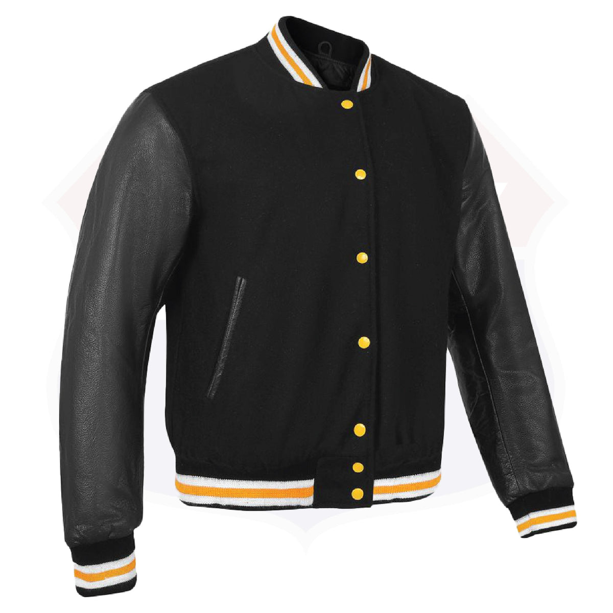 Buffalo Leather Gear men's yellow leather varsity jacket with banded collar and letterman style design.