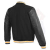 Buffalo Leather Gear men's yellow leather varsity jacket with banded collar and classic baseball style.