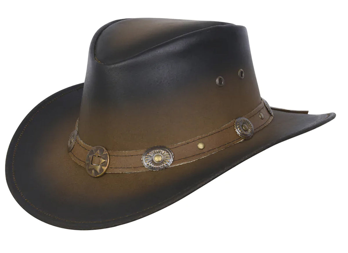 Dynamicleather cowboy Western Aussie style leather hat with two-tone brown and tan choncos design, featuring a wide brim and textured finish.