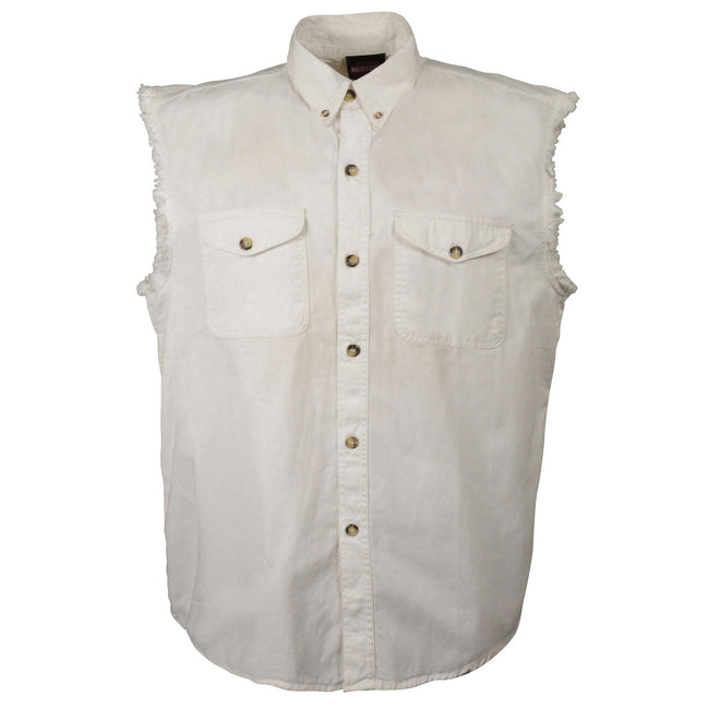 Men's white lightweight sleeveless denim shirt by HighwayLeather, casual textile clothing with a classic sleeveless design.