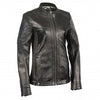 Woman wearing HighwayLeather zip front scuba jacket with side stretch fitting, stylish and fitted women's jacket with modern design.