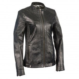 Woman wearing HighwayLeather zip front scuba jacket with side stretch fitting, stylish and fitted women's jacket with modern design.