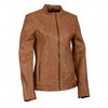 Woman wearing HighwayLeather zip-front scuba jacket with side stretch fitting, showcasing a stylish and fitted women’s jacket.