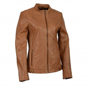 Woman wearing HighwayLeather zip-front scuba jacket with side stretch fitting, showcasing a stylish and fitted women’s jacket.