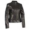 Woman wearing HighwayLeather women's zip front scuba jacket with stand-up collar, stylish and fitted for a modern look.