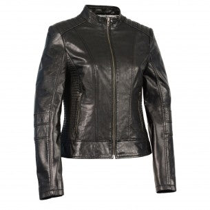 Woman wearing HighwayLeather women's zip front scuba jacket with stand-up collar, stylish and fitted for a modern look.