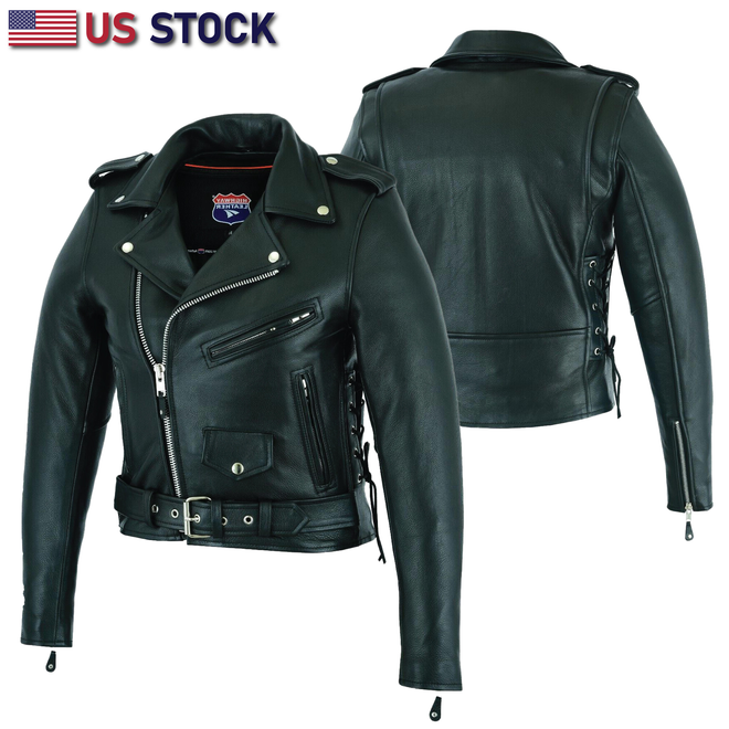 Buffalo Leather Gear women's full-length motorcycle jacket with side lace detail and ammo pocket, stylish and protective riding gear.