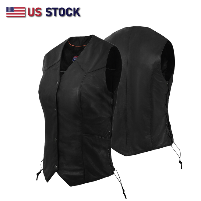Black women's leather vest with side lace details from Buffalo Leather Gear, classic style, designed for women.