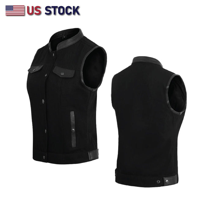 Buffalo Leather Gear women's black denim motorcycle club vest with silver buttons and classic biker style.