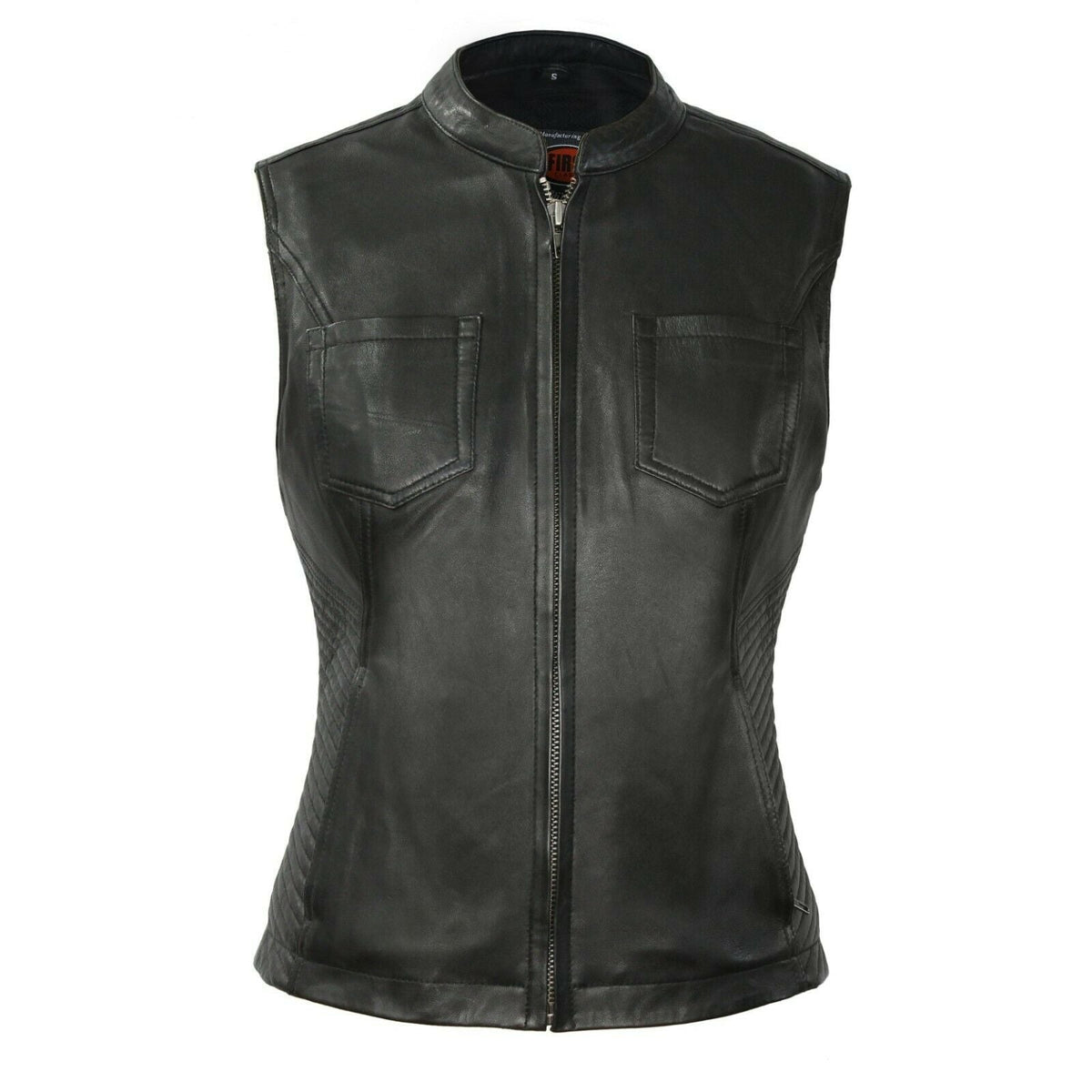 Buffalo Leather Gear Envy women's motorcycle leather vest featuring sleek design and secure front zipper.