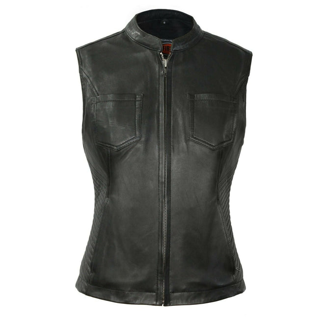 Buffalo Leather Gear Envy women's motorcycle leather vest featuring sleek design and secure front zipper.
