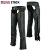 Buffalo Leather Gear hip hugger leather chaps with rhinestone bling detailing and D-ring accents, designed for women.