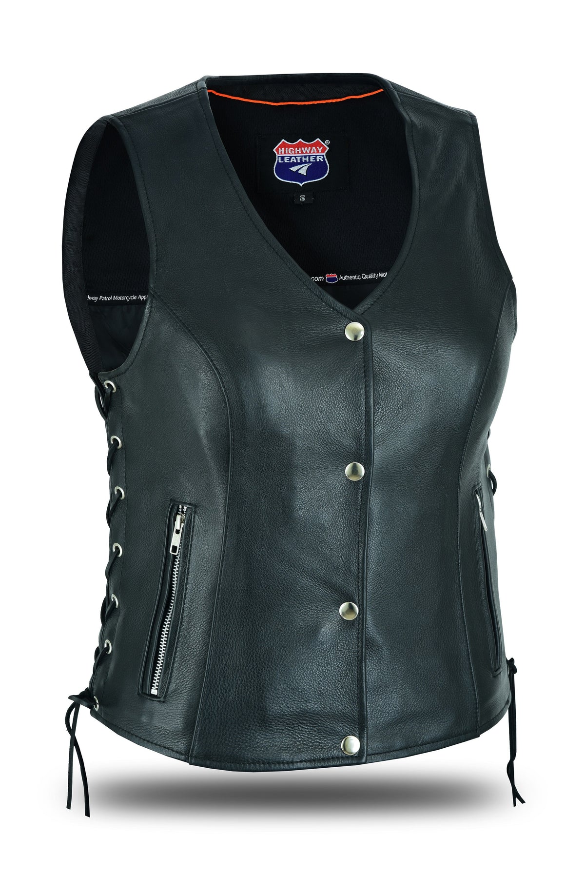 Buffalo Leather Gear women's naked leather motorcycle vest with lace-up sides, featuring a sleek, fitted design and side detailing.