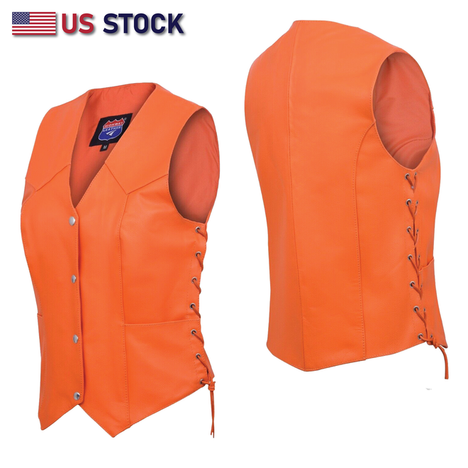 Orange leather women's motorcycle vest by Buffalo Leather Gear featuring a stylish, fitted design and front zipper closure.