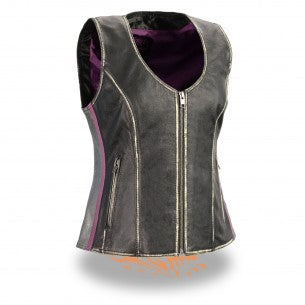 Women's black and silver zipper front vest by HighwayLeather, featuring a rub-off textured design and stylish fit.