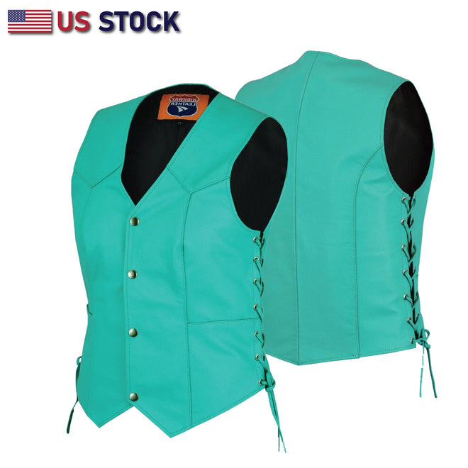 Women’s Teal Leather Club Vest with Side Laces and Utility Pockets | HL14501TEAL