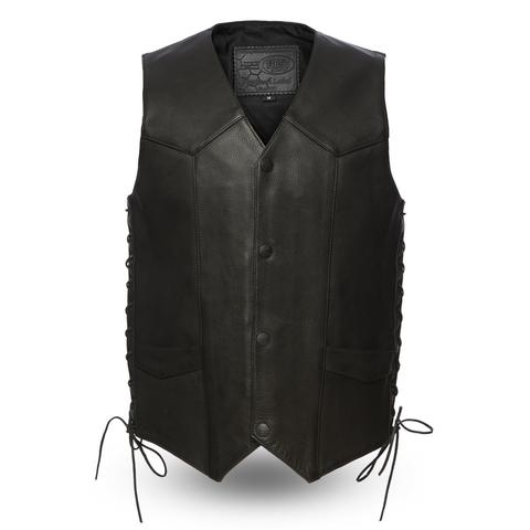 Dynamicleather Deadwood leather biker vest with metal snaps and rugged design, shown on a mannequin front view.