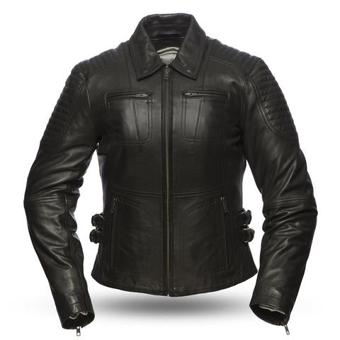 Women's Bronco jacket by Dynamicleather featuring stylish design and high-quality leather, shown in a close-up view.