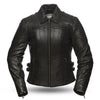Dynamicleather women's jacket named Speedy, stylish black leather outerwear with a fitted design and zipper details.
