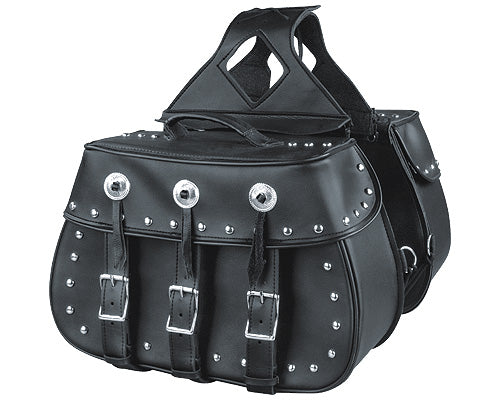 Dynamicleather biker bag with concho design, studded saddle bag strap, crafted in leather for rugged style and durability.