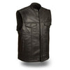 Dynamicleather leather biker vest with front zipper and patch pockets, displayed on a mannequin.