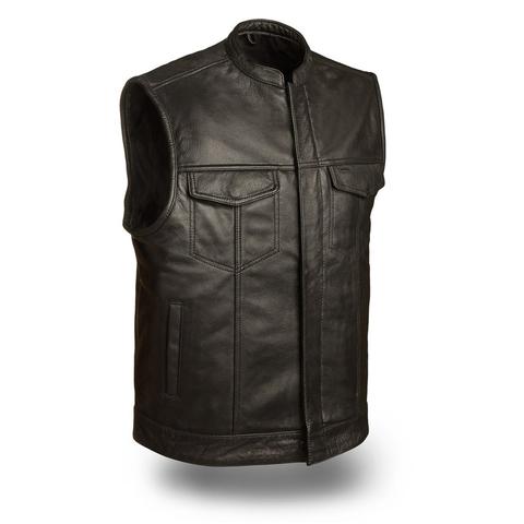 Dynamicleather leather biker vest with front zipper and patch pockets, displayed on a mannequin.