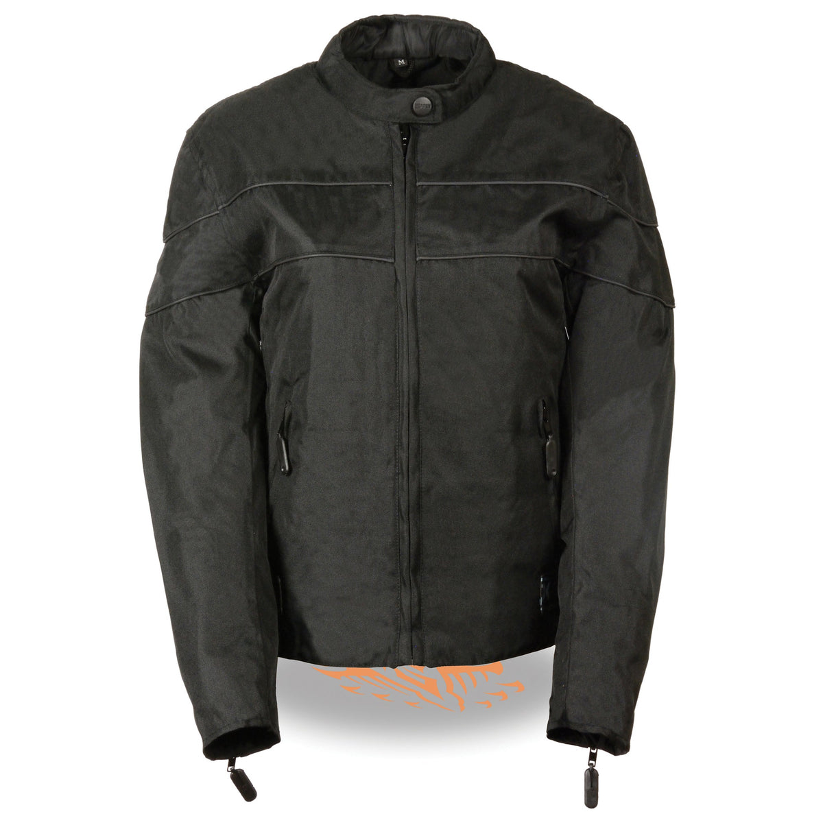 Ladies black textile jacket with stretch and reflective piping, HighwayLeather women’s lightweight jacket, stylish and functional outerwear.