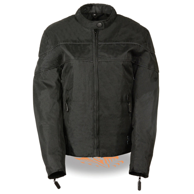 Ladies black textile jacket with stretch and reflective piping, HighwayLeather women’s lightweight jacket, stylish and functional outerwear.