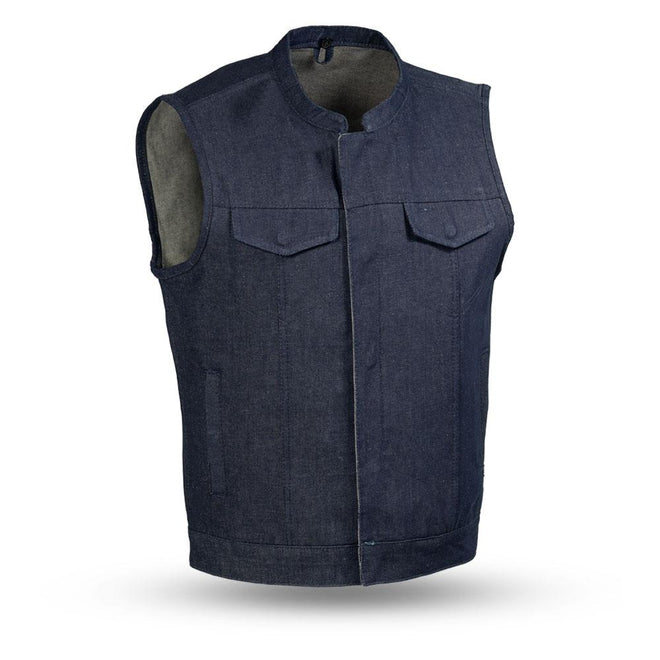 Men's dark blue Kershaw denim motorcycle vest by FIRST MFG with club style biker cut, featuring multiple pockets and metal accents.