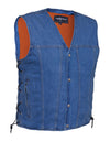 Men's blue denim motorcycle vest by Dynamicleather featuring front zipper closure and classic denim design.