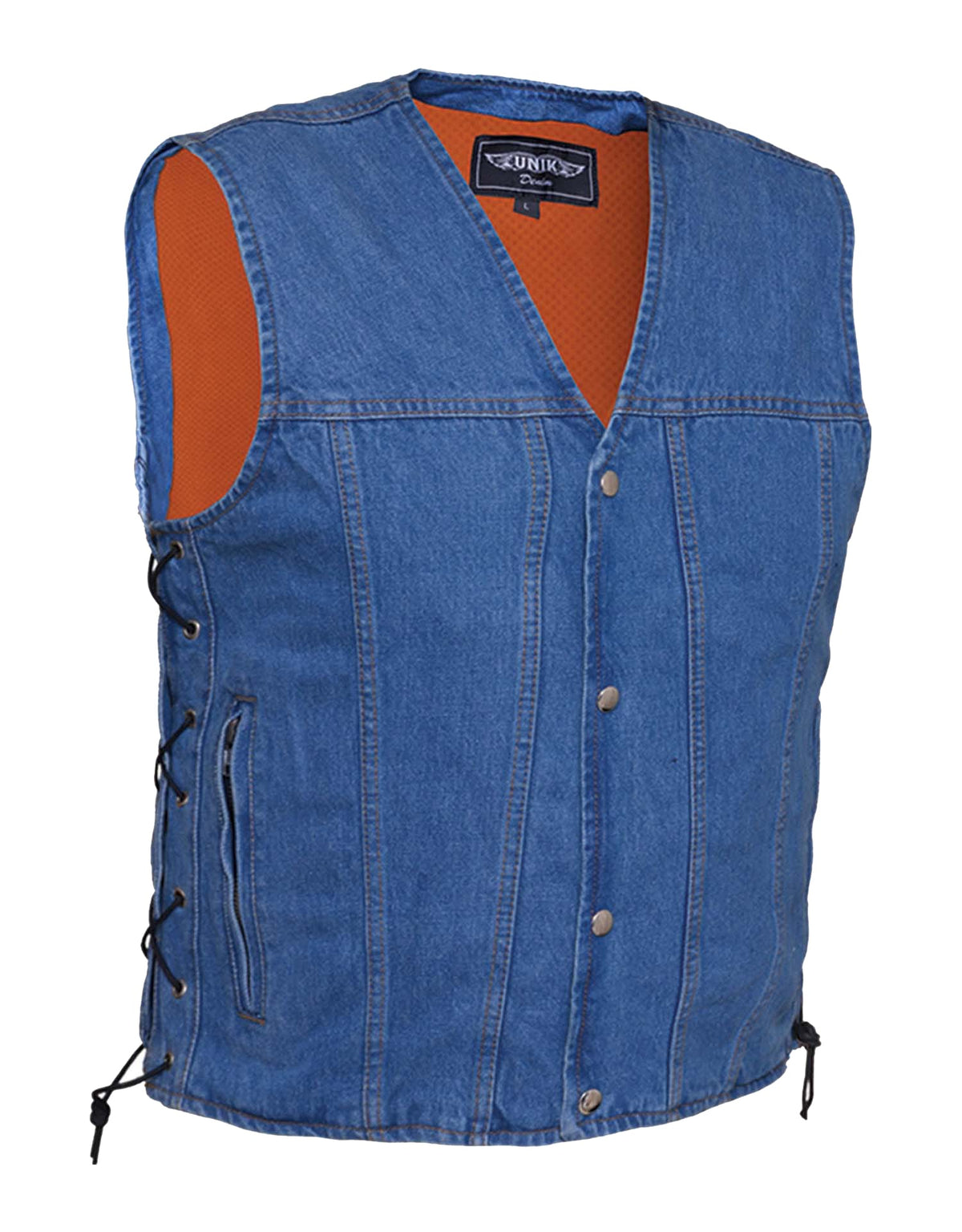 Men's blue denim motorcycle vest by Dynamicleather featuring front zipper closure and classic denim design.