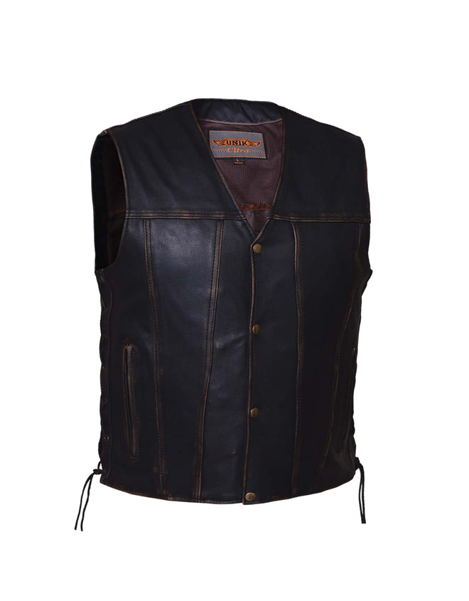 Men's Colorado Brown Ultra Motorcycle Vest by Dynamicleather, featuring a rugged brown leather design and multiple pocket details.