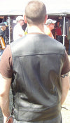 Back view of HighwayLeather Buffalo Head Nickel braided men's motorcycle vest, featuring intricate leather braiding and detailed buffalo design.