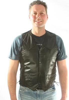 Leather motorcycle vest with braid details and side-lace design by Dynamicleather, featuring a classic biker style.