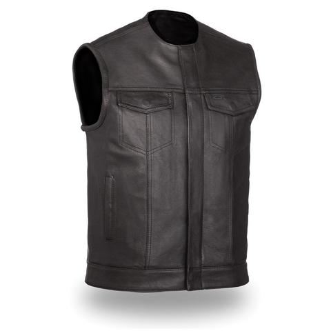Dynamicleather No Rival leather biker vest with classic design and quality stitching, displayed on a mannequin.