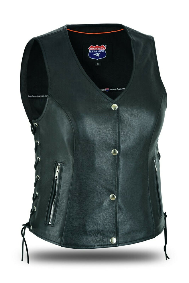 Women’s Avenue leather vest by Dynamicleather, stylish black women’s vest with a fitted design and classic leather detail.