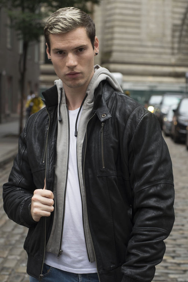 Men's leather jacket by FIRST MFG, William style, featuring a classic design with detailed stitching and a smooth leather finish.