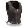 Dynamicleather leather motorcycle vest named Raven, featuring a classic design with metal studs and adjustable straps.