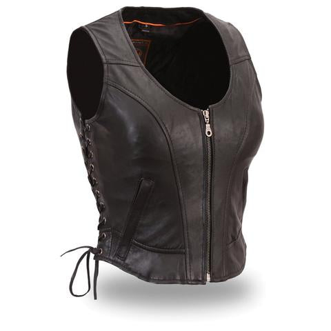 Dynamicleather leather motorcycle vest named Raven, featuring a classic design with metal studs and adjustable straps.