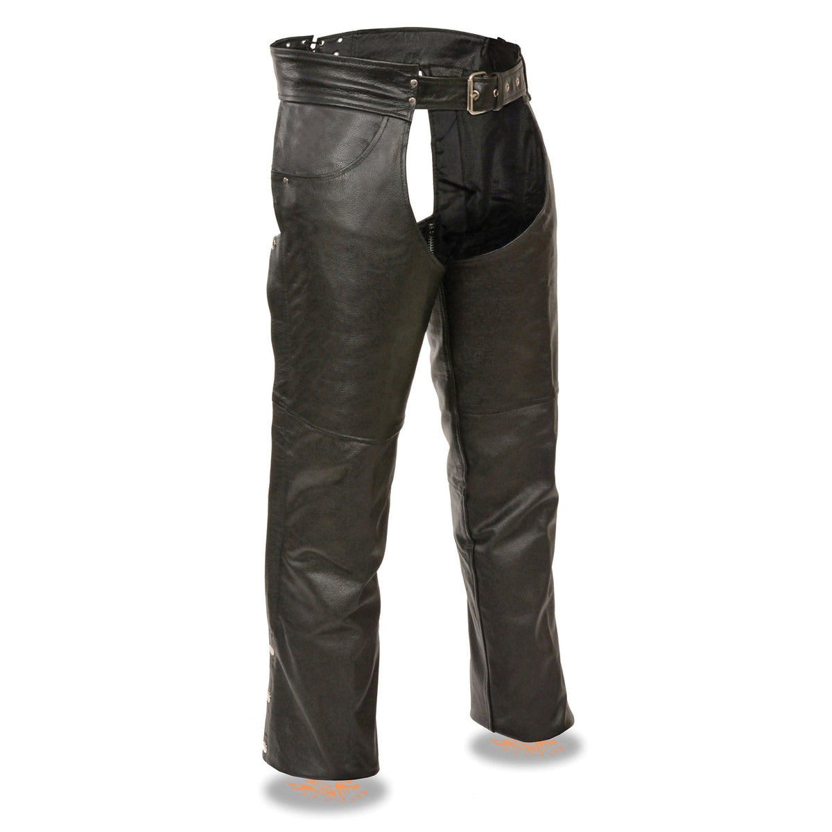 Men's classic chaps with jean-style pockets by Dynamicleather, featuring durable leather construction and traditional design.