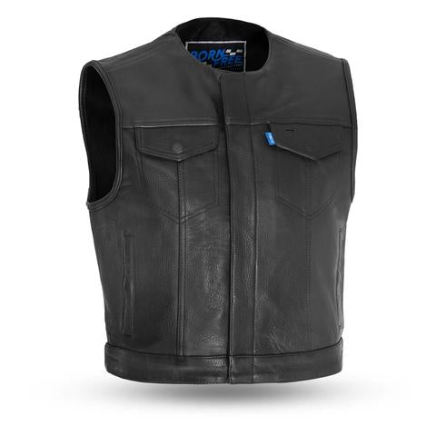 Born Free Lowside men's vest by Dynamicleather, showcasing black leather vest with detailed stitching and front zipper closure.