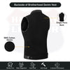 Buffalo Leather Gear women's black denim motorcycle club vest with silver button details, styled for a casual edgy look.