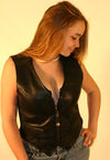Women's Rid Stretched Side Vest by Dynamicleather, showing a stylish black vest with side stretch detailing and a fitted silhouette.