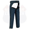 Blue denim motorcycle chaps by Buffalo Leather Gear featuring lightweight riding style and sturdy construction with visible stitching.