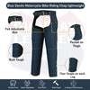 Blue denim motorcycle riding chaps by Buffalo Leather Gear, lightweight and stylish, designed for motorcycle riding comfort.