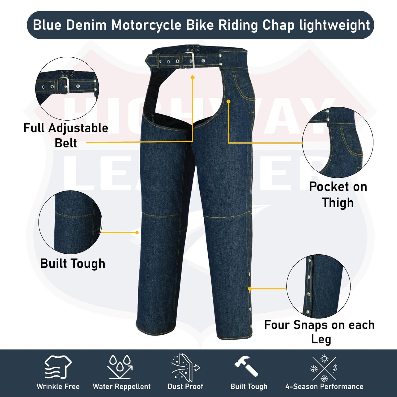 HL21836 BLUE Denim Chap lightweight Motorcycle Style Riding Chaps ...