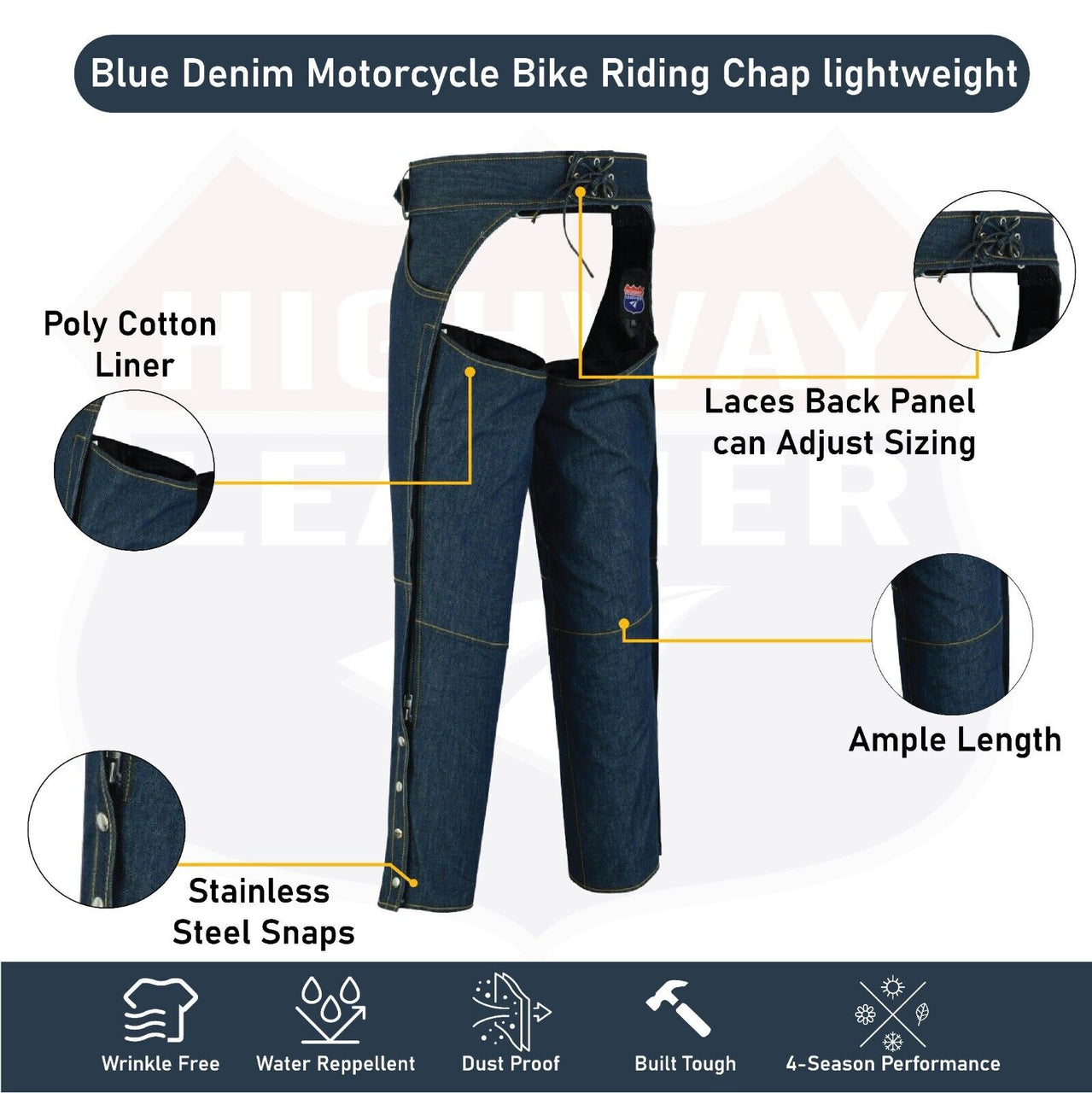 HL21836 BLUE Denim Chap lightweight Motorcycle Style Riding Chaps ...