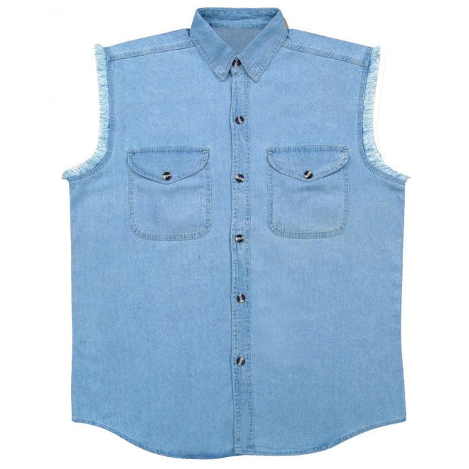 Men's blue lightweight sleeveless denim shirt by HighwayLeather, shown flat with button details and sleeveless design.