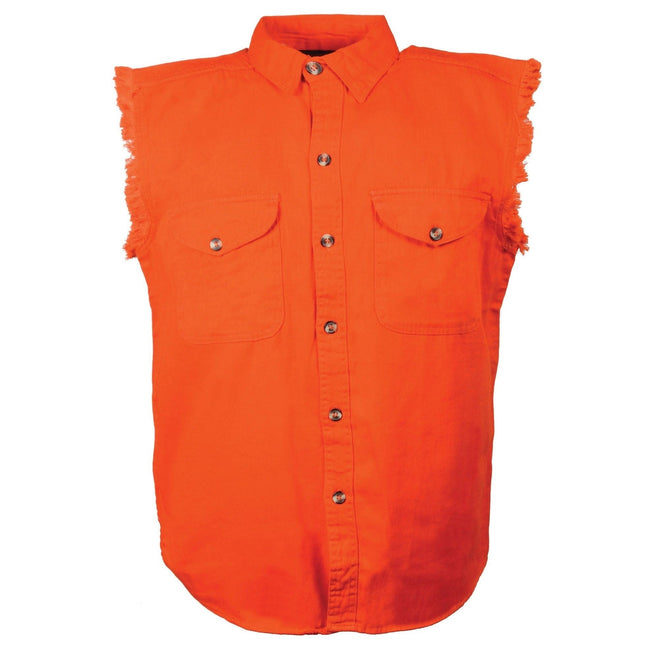 Men's orange lightweight sleeveless denim shirt by HighwayLeather, casual textile clothing with a relaxed fit and stylish design.
