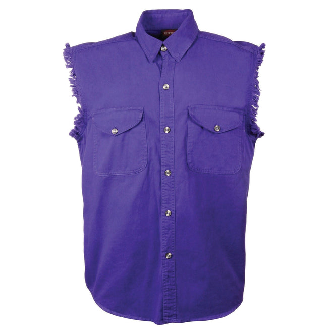 Men's purple sleeveless denim shirt by HighwayLeather, lightweight textile clothing, shown hanging on a wooden hanger.